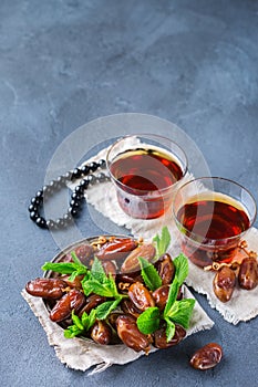 Ramadan ramazan kareem. Traditional arabic tea with mint and dates