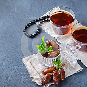 Ramadan ramazan kareem. Traditional arabic tea with mint and dates