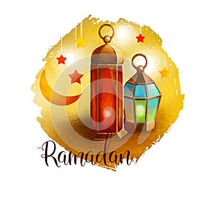 Ramadan Ramazan, Ramzan, Ramadhan, or Ramathan lamp and crescent moon and stars isolated digital art illustration. Greeting card