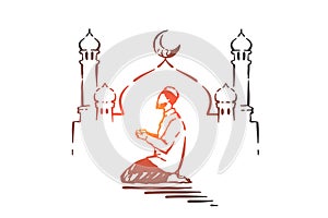 Ramadan religious holiday concept sketch. Hand drawn isolated vector illustration