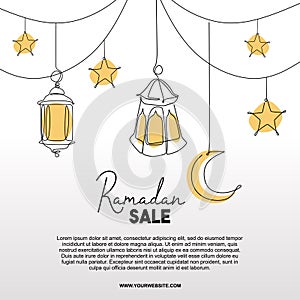 Ramadan sale banner with decorative lantern, moon, and star. Islamic greeting template vector illustration