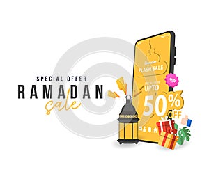 Ramadan sale banner, discount and best offer tag, label or sticker set on occasion of Ramadan Kareem and Eid Mubarak, vector