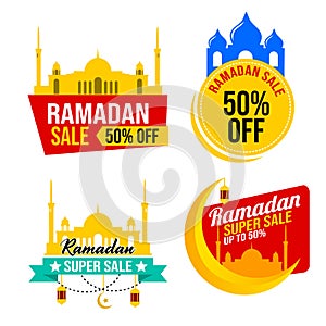 Ramadan Sale Design Set. Flat Design Vector Template for Label, Sticker, Poster, Flyer, Banner. Islamic Mosque, Moon and Star