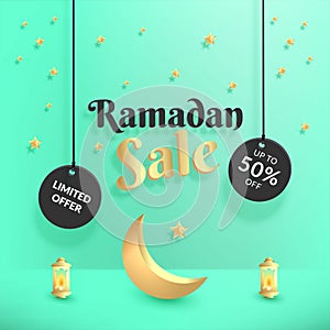 Ramadan sale with golden crescent moon. lantern. and stars. 3d text.