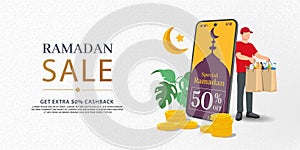 Ramadan Sale, web banner design with beautiful crescent moon in golden and purple color and space for your product image. Upto 50