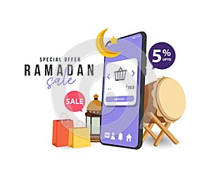 Ramadan Shopping banner, Background crescent with star and lanterns, smartphone, bag for product promo