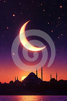 Ramadan Sunset Prayer Silhouette Framed By Majestic Islamic Architecture