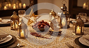 Ramadan table setting with lanterns, dates and Islamic decorations