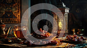Ramadan tea, dates, lantern, ornate room, iftar