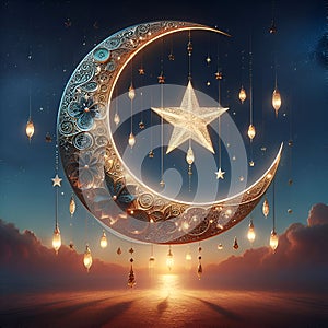 A ramadan theme of acrylic crescent moon, with big stars inside it and the lights arounds, Islamic design