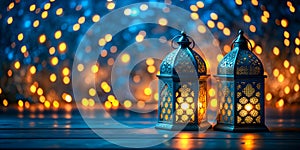 Ramadan Themed Moroccan Lanterns Shimmer Against Festive Blue Backdrop