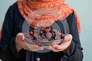 Ramadan tradition Muslim woman with plate of sweet dates during iftar