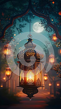 Ramadan warmth Flaming lanterns create a festive and celebratory background