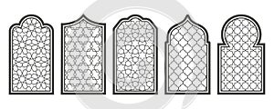 Ramadan window with pattern. Arabic frame of mosque door. Islamic design template. Vector oriental decoration with