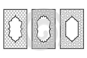 Ramadan window with pattern. Arabic frame of mosque door. Islamic design template. Vector oriental decoration with