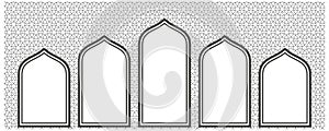 Ramadan windows on pattern wall. Doors and arches in arabic mosque. Arabesque ornament on white background. Interior photo