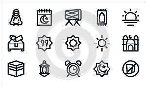 ramadhan line icons. linear set. quality vector line set such as fasting, alarm, mecca, rub el hizb, lantern, charity, sun,