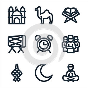 Ramadhan line icons. linear set. quality vector line set such as reading, islam, ketupat, shalat, alarm, bedug, quran, camel