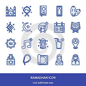 Ramadhan and muslim icon set in lineal solid style vector design