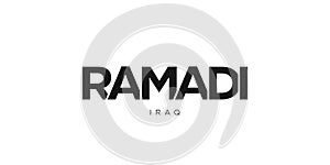 Ramadi in the Iraq emblem. The design features a geometric style, vector illustration with bold typography in a modern font. The photo