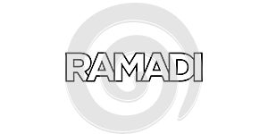 Ramadi in the Iraq emblem. The design features a geometric style, vector illustration with bold typography in a modern font. The photo