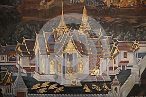 The Ramakien Ramayana mural paintings along the galleries of the Temple of the Emerald Buddha, grand palace or wat phra kaew