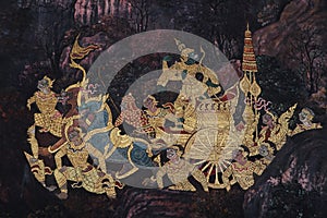 The Ramakien Ramayana mural paintings along the galleries of the Temple of the Emerald Buddha, grand palace or wat phra kaew