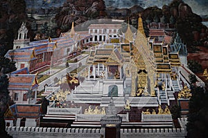 The Ramakien Ramayana mural paintings along the galleries of the Temple of the Emerald Buddha, grand palace or wat phra kaew