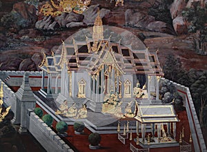 The Ramakien Ramayana mural paintings along the galleries of the Temple of the Emerald Buddha, grand palace or wat phra kaew
