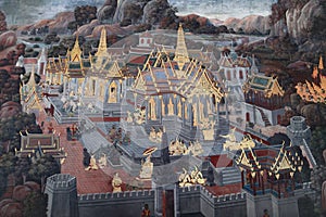 The Ramakien Ramayana mural paintings along the galleries of the Temple of the Emerald Buddha, grand palace or wat phra kaew photo