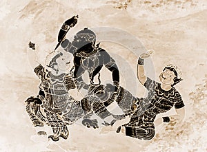 The Ramakien Ramayana mural paintings color black and gold on white wall illustration  along the galleries wallpaper and art bac