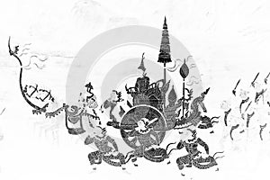 The Ramakien Ramayana mural paintings color black white and white  along the galleries wal