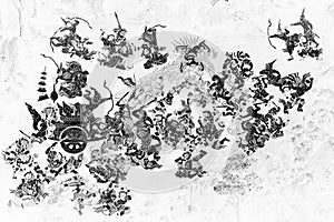 The Ramakien Ramayana mural paintings color black white and white  along the galleries wal