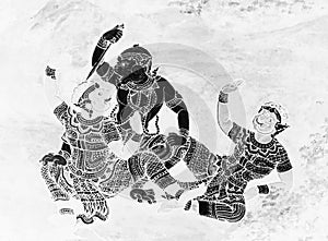 The Ramakien Ramayana mural paintings color black white and white  along the galleries wal