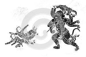 The Ramakien Ramayana mural paintings color black white and white  along the galleries wal