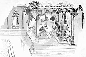 The Ramakien Ramayana mural paintings color black white and white  along the galleries wal