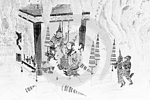 The Ramakien Ramayana mural paintings color black white and white  along the galleries wal