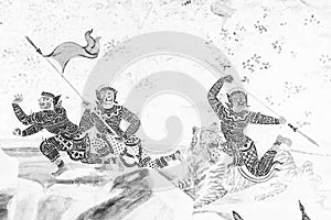 The Ramakien Ramayana mural paintings color black white and white  along the galleries wal