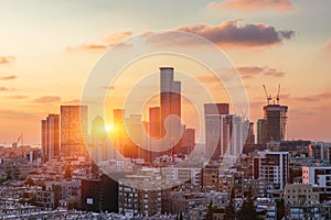 The Ramat Gan And Givatayim City Skyline At Sunset