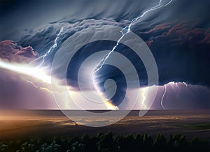 Ramatic and powerful tornado Lightning thunderstorm flash over the night sky Concept. Generative AI