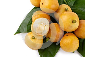 Rambeh tropical fruit with leaf isolated on white background