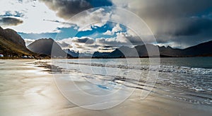 Rambergstranda Beach on Flakstadoya Island in the Lofoten Archipelago in Norway photo