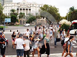 Barcelona turists at Rambla ending street