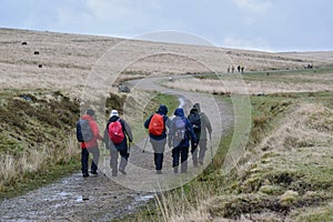 Ramblers walking the granite path on Dartmoor National Park, Devon, UK