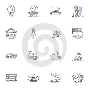 Rambling line icons collection. Wanderlust, Stroll, Trek, Roam, Footpath, Hike, Meander vector and linear illustration