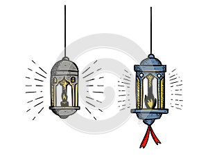 Ramdhan lamp lantern light up with fire vector sketch style illustration set collection