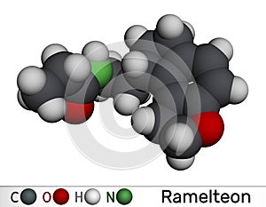 Ramelteon molecule. It is sleep agent, melatonin receptor agonist used to treat insomnia. Molecular model. 3D rendering photo