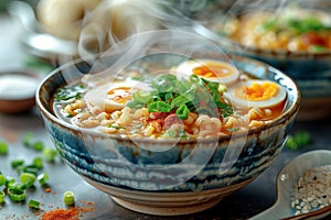 Ramen bowl with egg topping and scallions