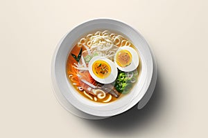 Ramen in a bowl top view. Ramen soup with egg, broccoli, noodles, shiitake mushroom and red radish. AI generated image