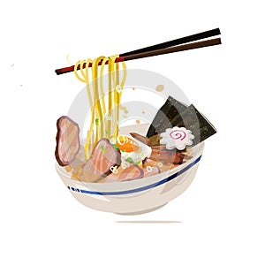 Ramen with chopstick served on traditional bowl. japanese style